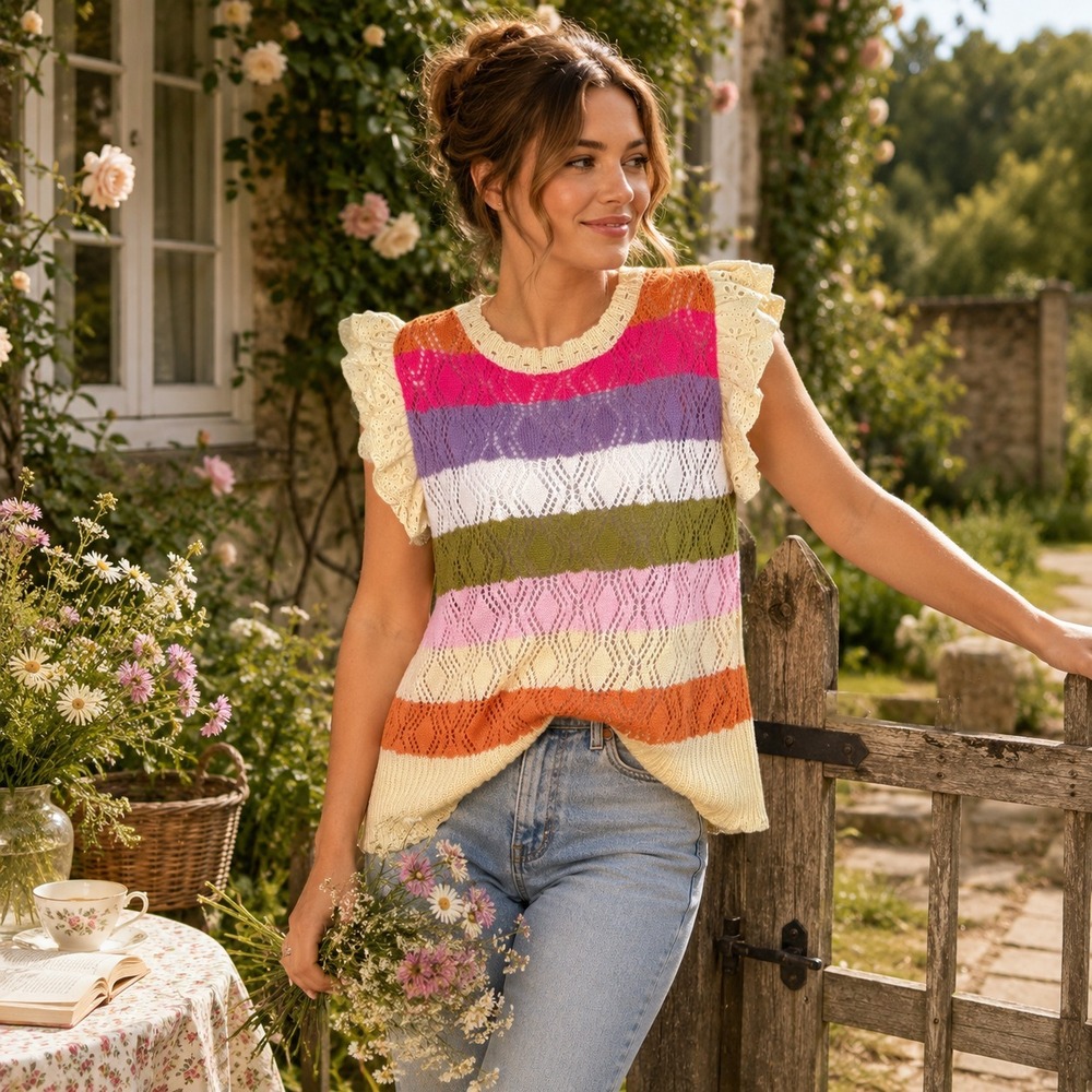 BiBi Colorblock Crochet Knit Ruffle Sleeve Sweater Sz M Boho Cottage Whimsical